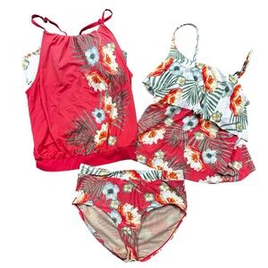Swim by Cacique Red Floral Tropical Swimsuit Set Size 14 Tankini 3 Piece Set
